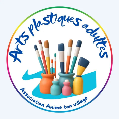 Pictogramme rond « Arts plastiques adultes » d'Anime Ton Village : pinceaux, crayons et pots de peinture.