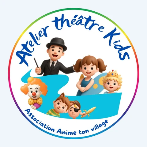 Pictogramme rond « Atelier théâtre Kids » d'Anime Ton Village : un magicien et des enfants costumés.