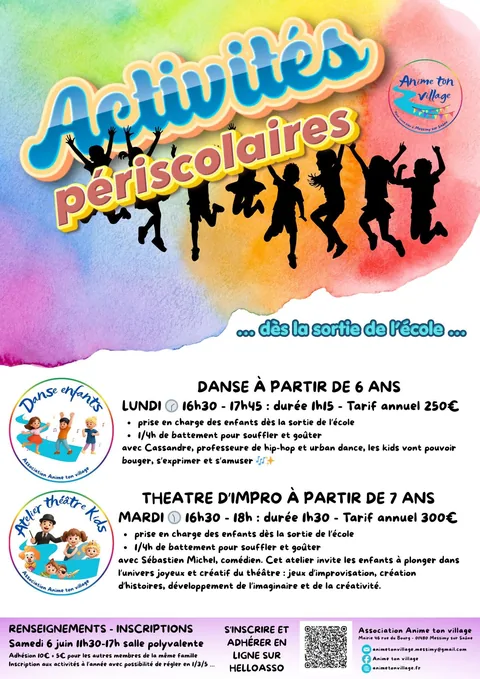 Affiche des activités périscolaires 2026-2027 d'Anime Ton Village : danse enfants le lundi de 16 h 30 à 17 h 45 et atelier théâtre Kids le mardi de 16 h 30 à 18 h, à la salle annexe de Messimy-sur-Saône, avec prise en charge à la sortie de l'école.