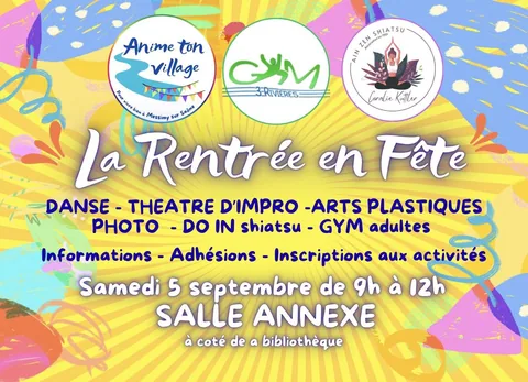 Affiche colorée de La Rentrée en fête organisée samedi 5 septembre 2026 de 9 h à 12 h à la salle annexe de Messimy-sur-Saône, présentant Anime Ton Village, Gym 3 Rivières et Ain Zen Shiatsu.