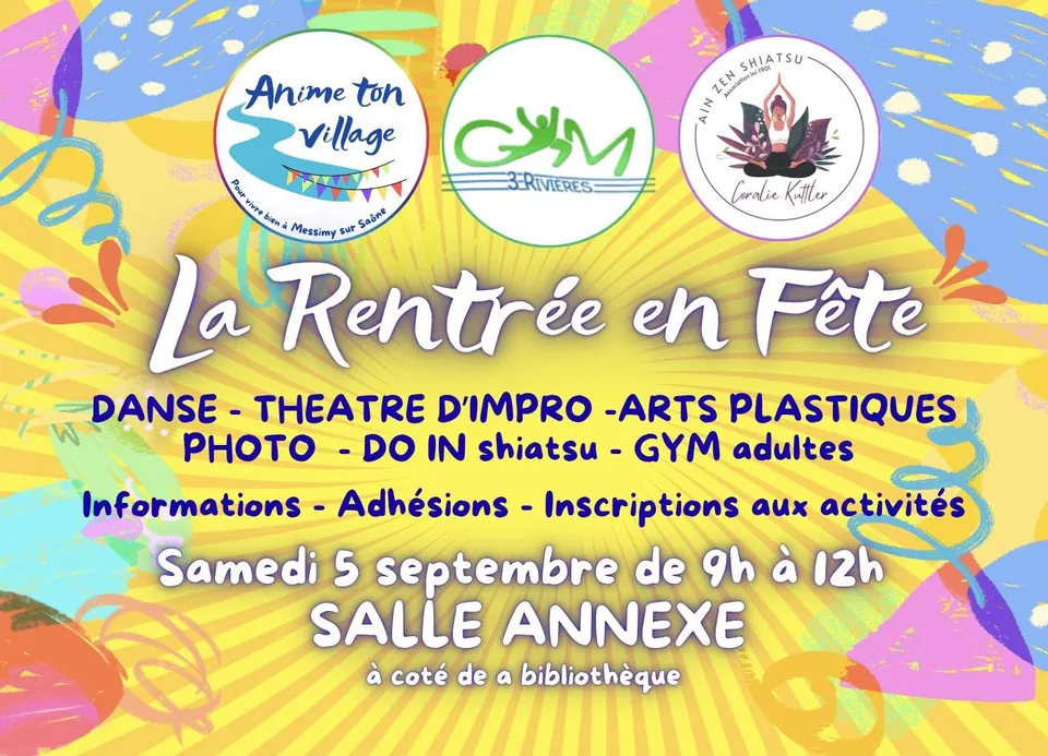 Affiche colorée de La Rentrée en fête organisée samedi 5 septembre 2026 de 9 h à 12 h à la salle annexe de Messimy-sur-Saône, présentant Anime Ton Village, Gym 3 Rivières et Ain Zen Shiatsu.