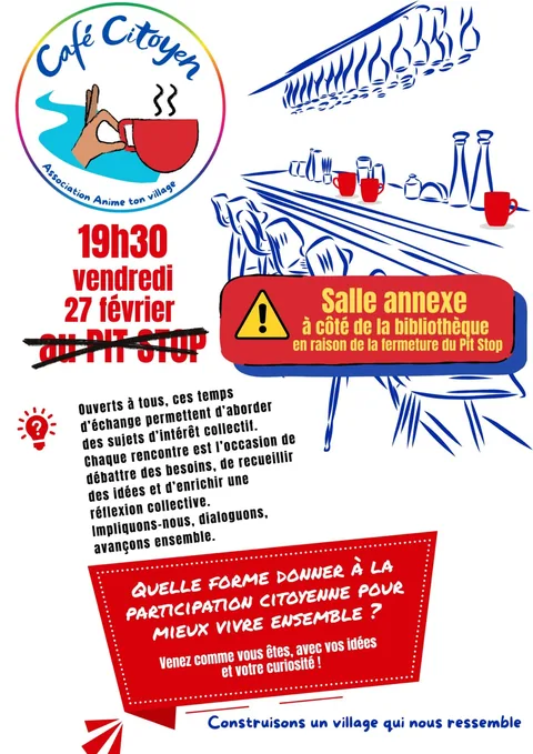Affiche du Café citoyen du vendredi 27 février 2026 à 19 h 30, consacré à la participation citoyenne, organisé à la salle annexe de Messimy-sur-Saône.