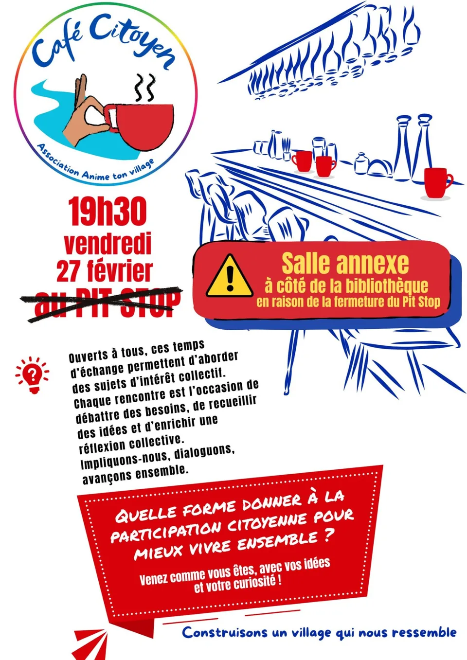 Affiche du Café citoyen du vendredi 27 février 2026 à 19 h 30, consacré à la participation citoyenne, organisé à la salle annexe de Messimy-sur-Saône.