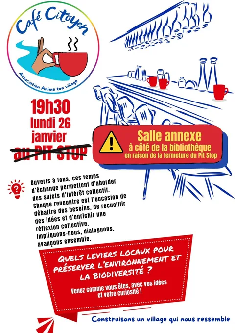 Affiche du Café citoyen du lundi 26 janvier 2026 à 19 h 30, consacré à l'environnement et à la biodiversité, organisé à la salle annexe de Messimy-sur-Saône.