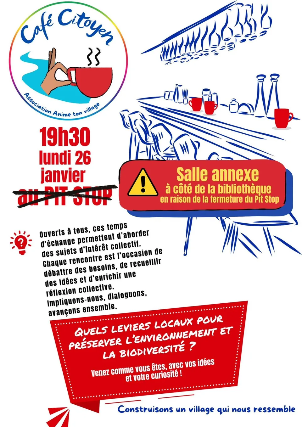 Affiche du Café citoyen du lundi 26 janvier 2026 à 19 h 30, consacré à l'environnement et à la biodiversité, organisé à la salle annexe de Messimy-sur-Saône.