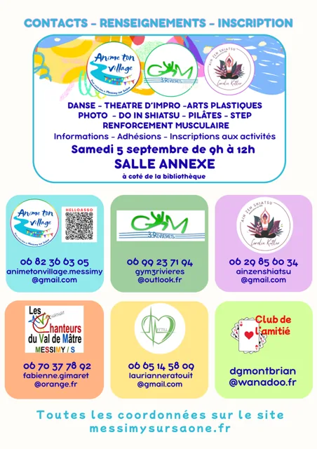 Flyer des contacts, renseignements et inscriptions des associations proposant des activités à Messimy-sur-Saône pour la rentrée 2026-2027.