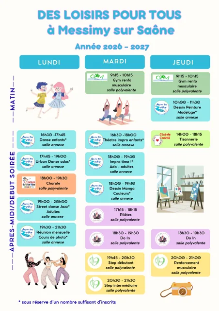 Planning hebdomadaire des activités 2026-2027 à Messimy-sur-Saône, réparties entre le lundi, le mardi et le jeudi.