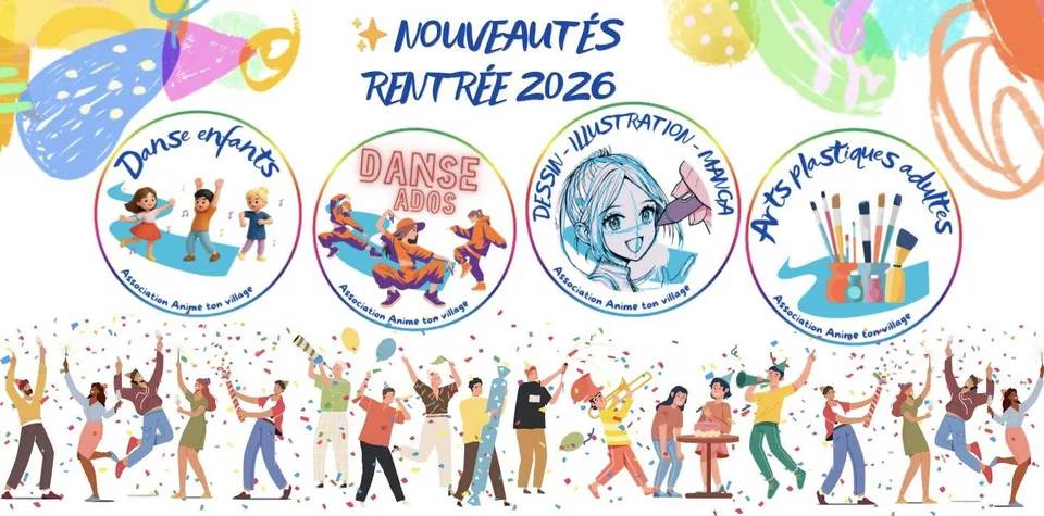 Bandeau « Nouveautés rentrée 2026 » d'Anime Ton Village : quatre pictogrammes d'activités et une foule de personnes qui font la fête.