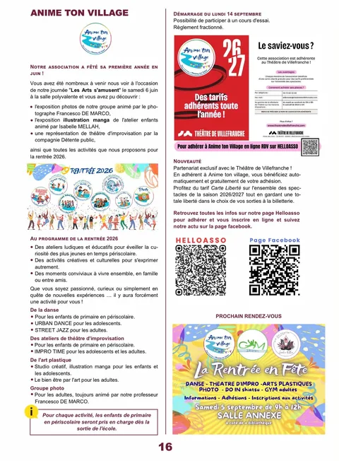 Page du bulletin municipal InfoVillage de juin 2026 consacrée à Anime Ton Village : retour sur la journée « Les arts s'amusent », programme de la rentrée 2026 et partenariat avec le Théâtre de Villefranche.