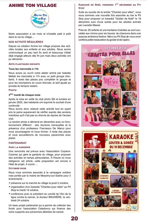 Page du bulletin municipal InfoVillage de septembre 2025 consacrée à Anime Ton Village : activités régulières, arts plastiques, groupe photo, partenariats et rendez-vous d'Octobre rose.
