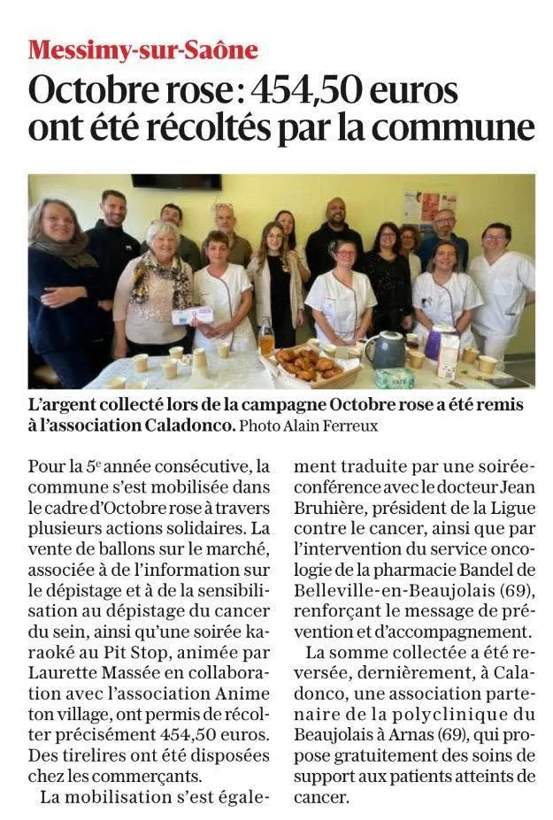 Coupure du journal Le Progrès relatant la remise d'un chèque de 454,50 € à l'association Caladonco, à l'issue de la campagne Octobre rose menée à Messimy-sur-Saône.