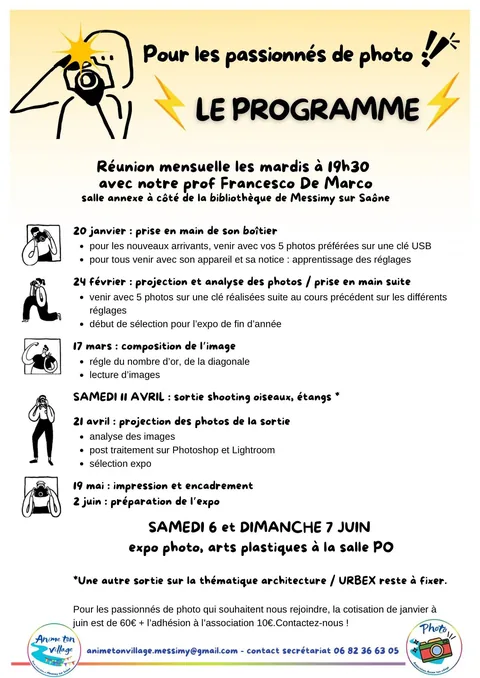 Affiche « Pour les passionnés de photo, le programme » de la saison 2025-2026 du groupe photo d'Anime Ton Village : rencontres mensuelles et exposition en juin.